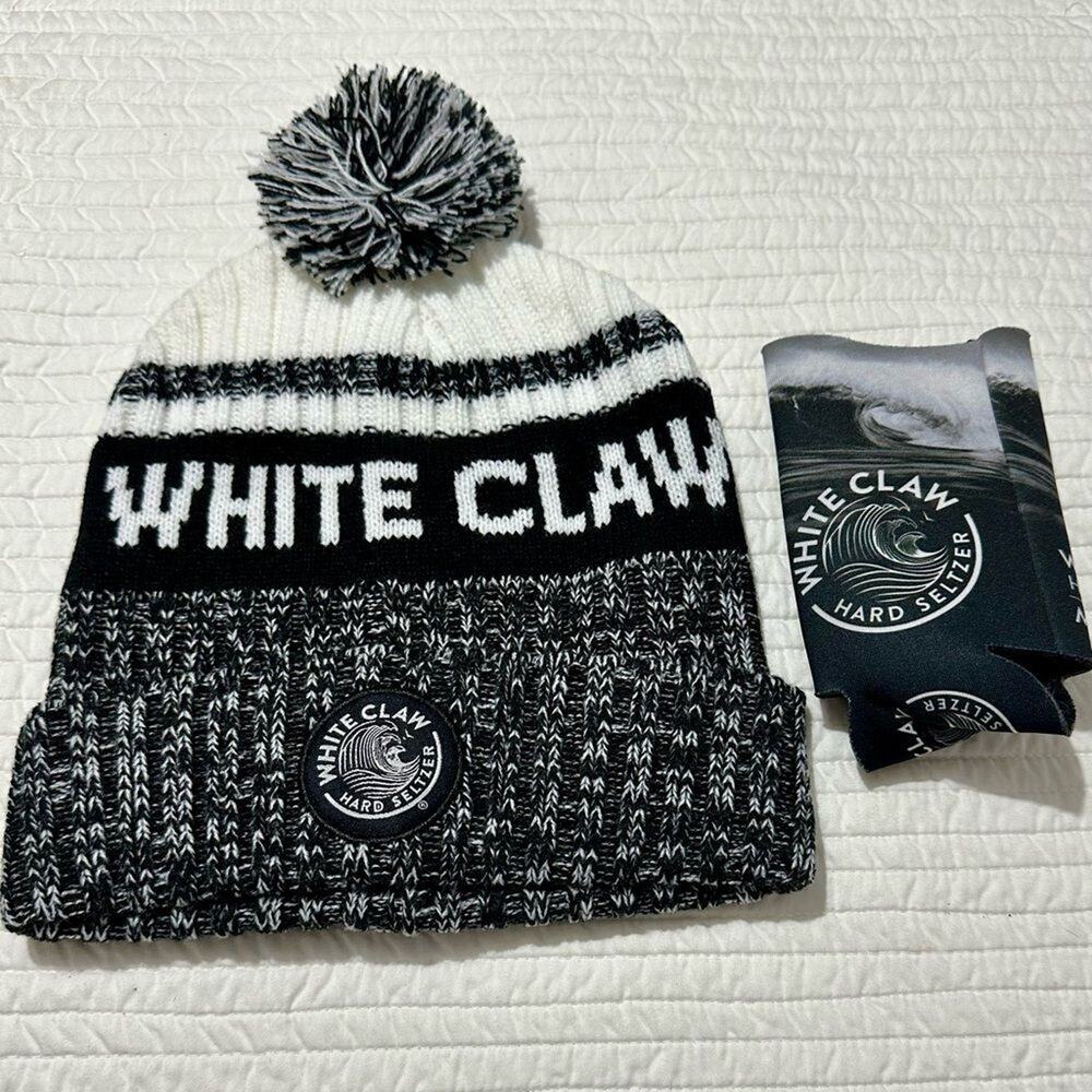 Black and White Knit Beanie with Tall Can Coozie White Claw (1059)